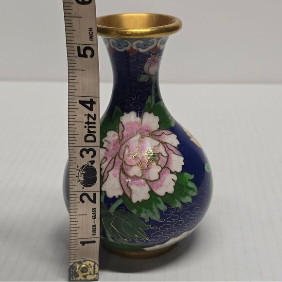 Vintage Oriental Japanese Cloisonne Navy Blue Vase Floral Theme - Picture 8 of 9
